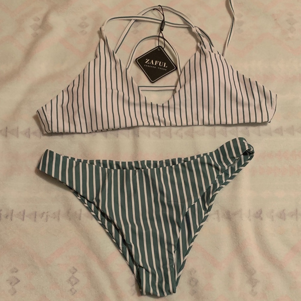 Zaful Green and White Striped Bikini